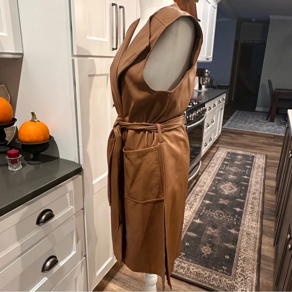 Marc New York Vegan Faux Leather Sleeveless Duster Cardigan Womens Size XS Brown